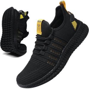 imageMens Slip On Walking Shoes Lightweight Breathable Non Slip Running Comfortable Gym Tennis Athletic Fashion Sneakers MenBlackYellow