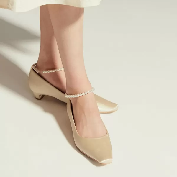 C.Paravano Women's Low Chunky Heels | Womens Pump | Square Toe Leather Block Heels | Closed Toe Low Heel | Pearl Ankle Strap Pumps Shoes | Dress Wedding Shoes