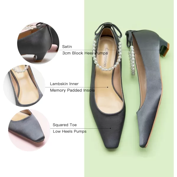 C.Paravano Women's Pumps | Closed Toe Chunky Heel | Leather Low Block Heels | Square Toe Low Heels | Dress Pumps Shoes | Pearl Ankle Strap Pumps Shoes