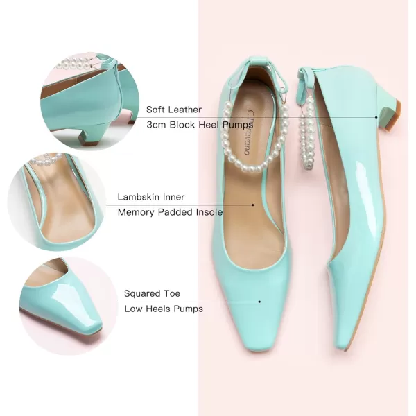 C.Paravano Women's Pumps | Closed Toe Chunky Heel | Leather Low Block Heels | Square Toe Low Heels | Dress Pumps Shoes | Pearl Ankle Strap Pumps Shoes