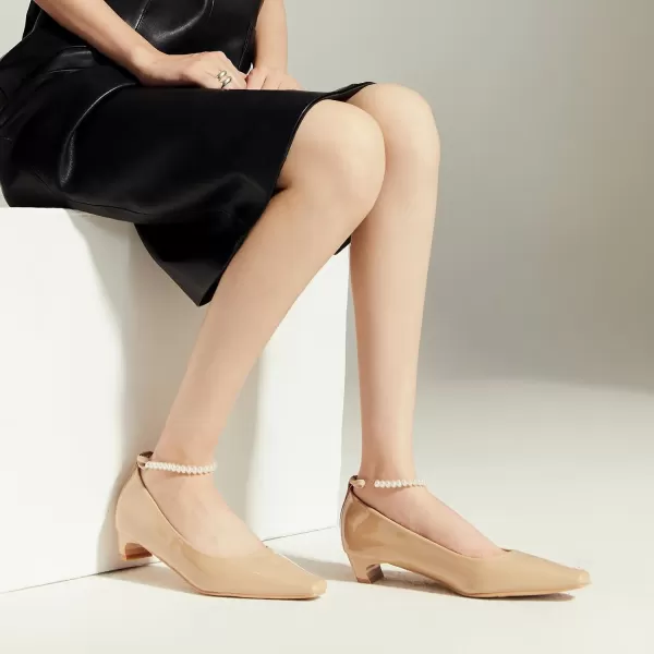 C.Paravano Women's Pumps | Closed Toe Chunky Heel | Leather Low Block Heels | Square Toe Low Heels | Dress Pumps Shoes | Pearl Ankle Strap Pumps Shoes