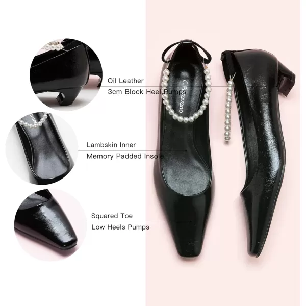 C.Paravano Women's Pumps | Closed Toe Chunky Heel | Leather Low Block Heels | Square Toe Low Heels | Dress Pumps Shoes | Pearl Ankle Strap Pumps Shoes