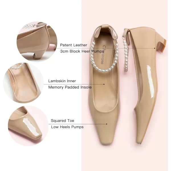 C.Paravano Women's Pumps | Closed Toe Chunky Heel | Leather Low Block Heels | Square Toe Low Heels | Dress Pumps Shoes | Pearl Ankle Strap Pumps Shoes
