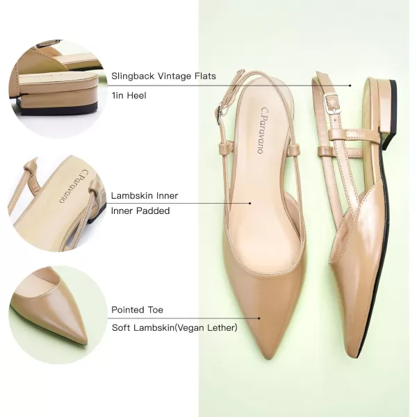 C.Paravano Women's Slingback Flats | Pointed Toe Slingback Flats for Women | Kitten Heel Slingback Sandals | Adjustable Ankle Strap Shoes