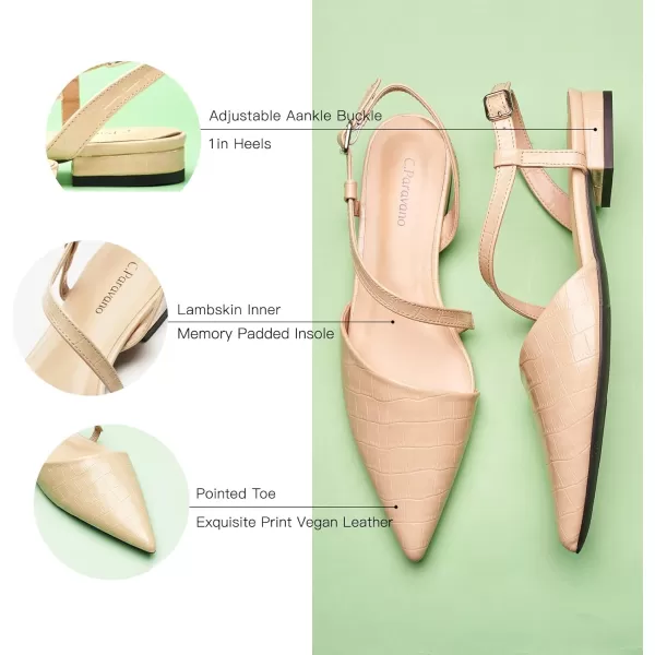 C.Paravano Slingback Flats for Women Croc Print Pointed Toe Flats Sandals Adjustable Ankle Strap Slingback Casual Dress Leather Slip on Shoes