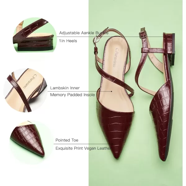 C.Paravano Slingback Flats for Women Croc Print Pointed Toe Flats Sandals Adjustable Ankle Strap Slingback Casual Dress Leather Slip on Shoes