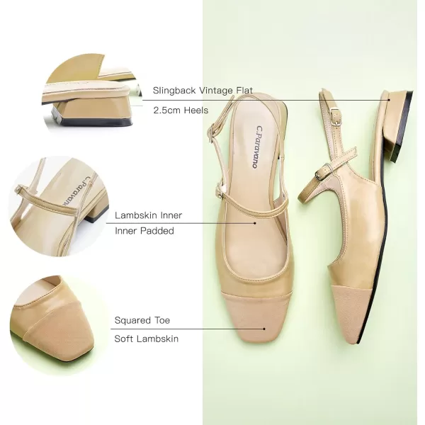 C.Paravano Women's Slingback | Square Toe Slingback Flats | Ankle Strap Flats Sandals | Slip on Casual Flats Shoes | Leather Dress Shoes for Wedding