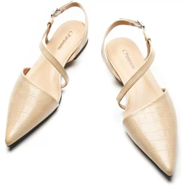 C.Paravano Slingback Flats for Women Croc Print Pointed Toe Flats Sandals Adjustable Ankle Strap Slingback Casual Dress Leather Slip on Shoes