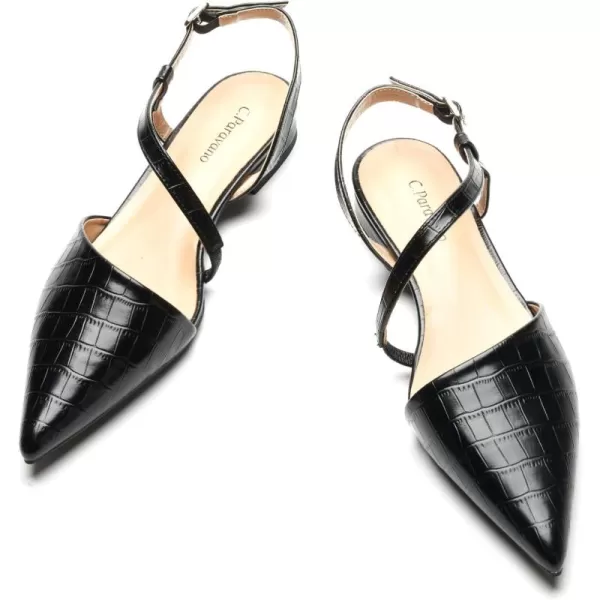 C.Paravano Slingback Flats for Women Croc Print Pointed Toe Flats Sandals Adjustable Ankle Strap Slingback Casual Dress Leather Slip on Shoes