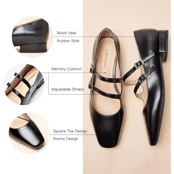 C.Paravano Women's Flats Mary Jane Flats Ballet Flats for Women Square Toe Block Heel Adjustable Straps Flat Fashion Casual Dressy Shoes