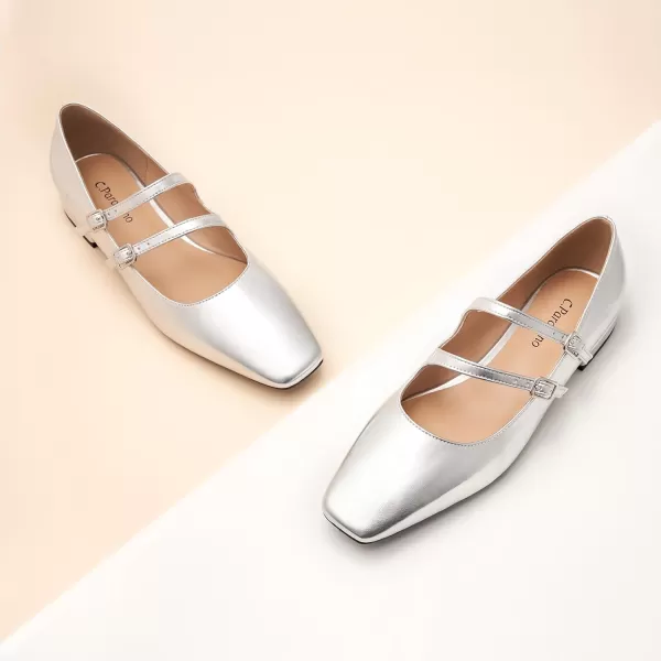 C.Paravano Women's Flats Mary Jane Flats Ballet Flats for Women Square Toe Block Heel Adjustable Straps Flat Fashion Casual Dressy Shoes