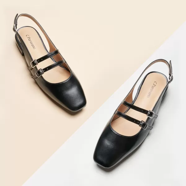 C.Paravano Slingback Flat Sandals Mary Jane Flats Square Toe Block Heel Sandals Adjustable Straps Slip on Fashion Casual Dress Shoes