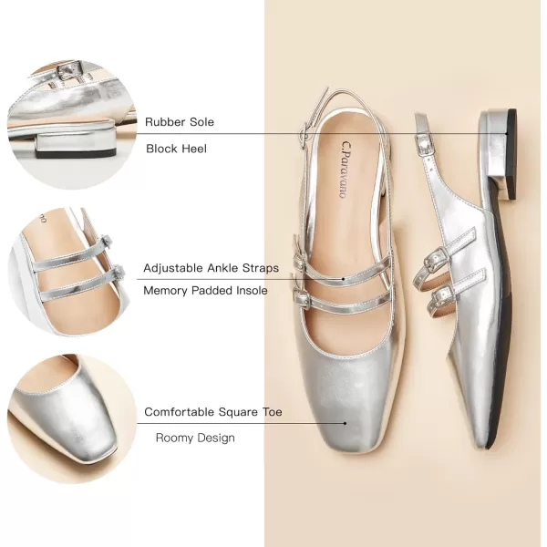 C.Paravano Slingback Flat Sandals Mary Jane Flats Square Toe Block Heel Sandals Adjustable Straps Slip on Fashion Casual Dress Shoes