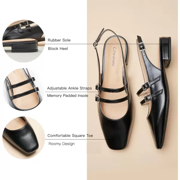 C.Paravano Slingback Flat Sandals Mary Jane Flats Square Toe Block Heel Sandals Adjustable Straps Slip on Fashion Casual Dress Shoes