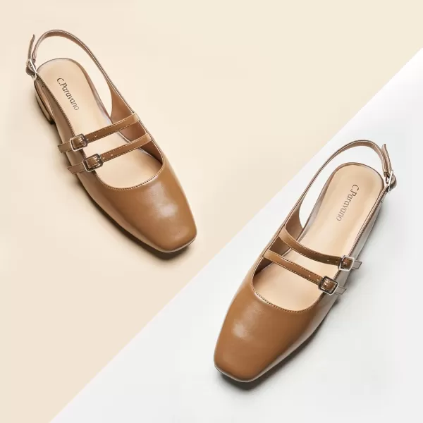 C.Paravano Slingback Flat Sandals Mary Jane Flats Square Toe Block Heel Sandals Adjustable Straps Slip on Fashion Casual Dress Shoes