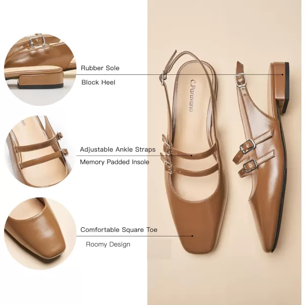 C.Paravano Slingback Flat Sandals Mary Jane Flats Square Toe Block Heel Sandals Adjustable Straps Slip on Fashion Casual Dress Shoes