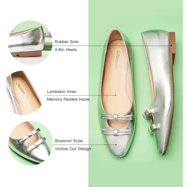 imageCParavano Chic Bow Knot Flats Fashion Hollow Out Design Round Toe Shoes Comfortable Daily Dress FlatsSilverb6