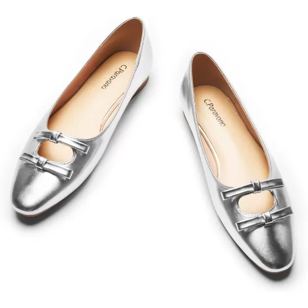 imageCParavano Chic Bow Knot Flats Fashion Hollow Out Design Round Toe Shoes Comfortable Daily Dress FlatsSilverb6