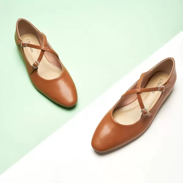 imageCParavano Cross Strap Flats with Adjustable Buckle Fashion Ballet Flats Mary Jane Shoes for Women Dressy Flats for Causal Work DailyBrowno