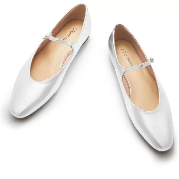 imageCParavano Mary Jane Flats Round Toe Flats Ballet Flats with Strap Womens Flats for Work Casual DailySliver