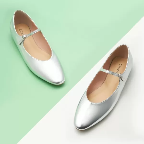 imageCParavano Mary Jane Flats Round Toe Flats Ballet Flats with Strap Womens Flats for Work Casual DailySliver
