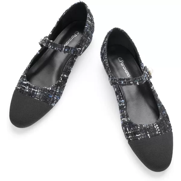 imageCParavano Womens Flats Shoes Round Toe Ballet Flats with Strap Comfortable Mary Janes Tweed Flats Dressy Casual Work Office Party Shoes for WomenBlack