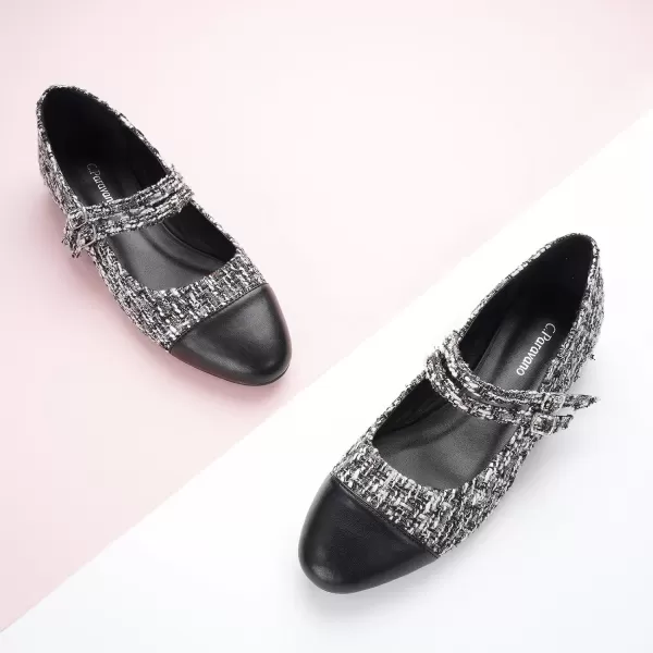 imageCParavano Womens Flats Shoes Round Toe Ballet Flats with Strap Comfortable Mary Janes Tweed Flats Dressy Casual Work Office Party Shoes for WomenBlackg