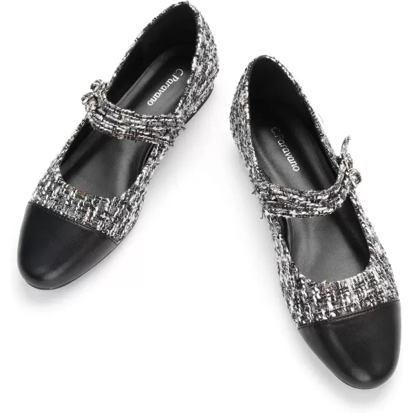 imageCParavano Womens Flats Shoes Round Toe Ballet Flats with Strap Comfortable Mary Janes Tweed Flats Dressy Casual Work Office Party Shoes for WomenBlackg