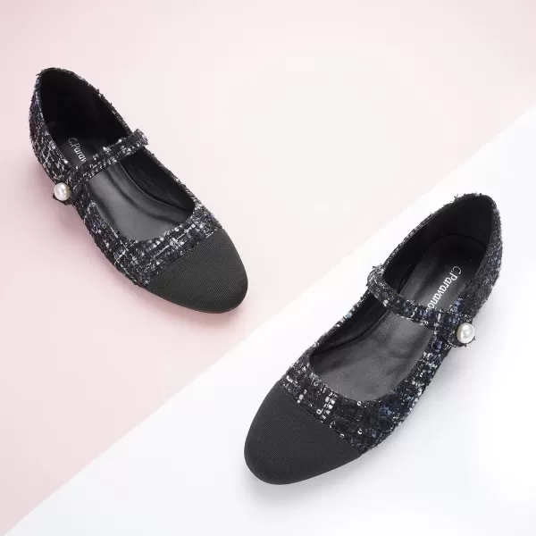 imageCParavano Womens Flats Shoes Round Toe Ballet Flats with Strap Comfortable Mary Janes Tweed Flats Dressy Casual Work Office Party Shoes for WomenBlack