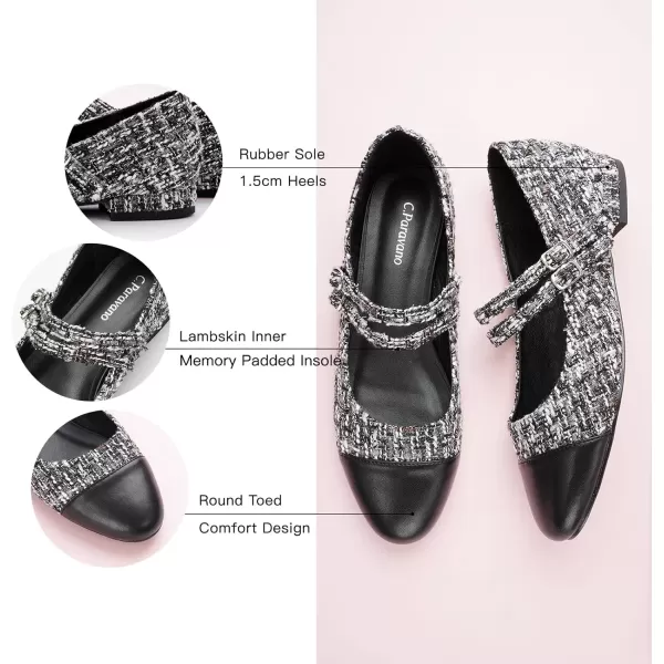 imageCParavano Womens Flats Shoes Round Toe Ballet Flats with Strap Comfortable Mary Janes Tweed Flats Dressy Casual Work Office Party Shoes for WomenBlackg