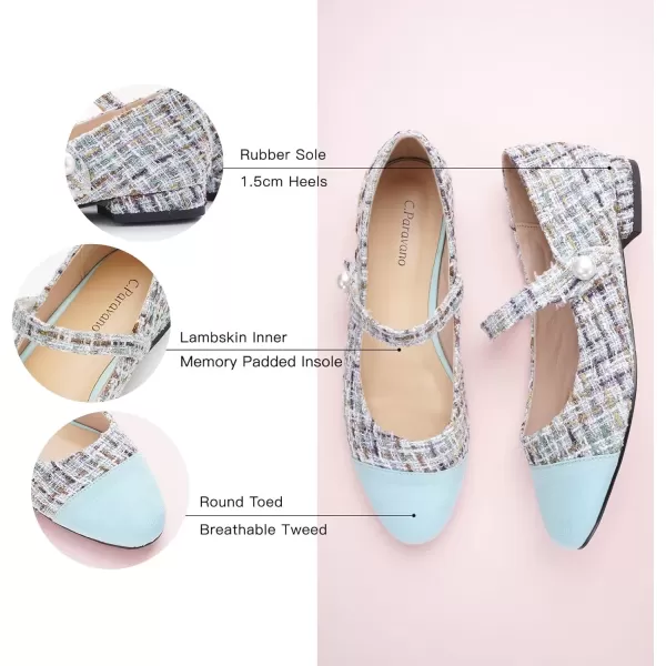 imageCParavano Womens Flats Shoes Round Toe Ballet Flats with Strap Comfortable Mary Janes Tweed Flats Dressy Casual Work Office Party Shoes for WomenBlue