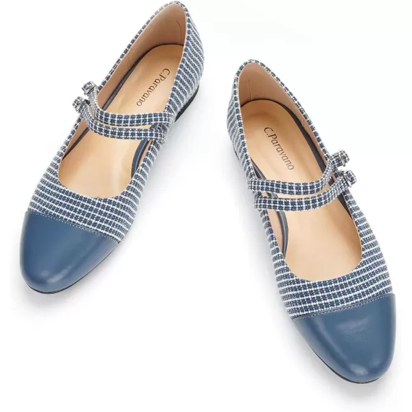 imageCParavano Womens Flats Shoes Round Toe Ballet Flats with Strap Comfortable Mary Janes Tweed Flats Dressy Casual Work Office Party Shoes for WomenBlueg