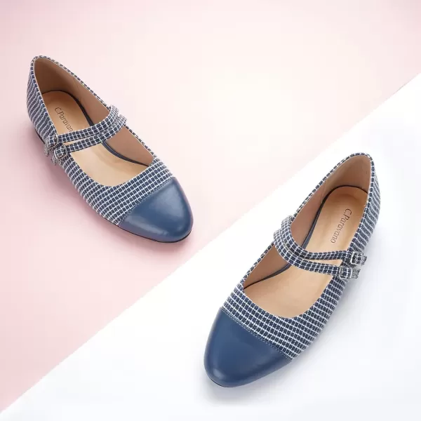imageCParavano Womens Flats Shoes Round Toe Ballet Flats with Strap Comfortable Mary Janes Tweed Flats Dressy Casual Work Office Party Shoes for WomenBlueg