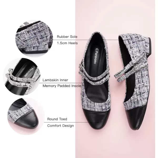 imageCParavano Womens Flats Shoes Round Toe Ballet Flats with Strap Comfortable Mary Janes Tweed Flats Dressy Casual Work Office Party Shoes for WomenBpg
