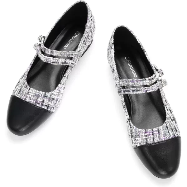 imageCParavano Womens Flats Shoes Round Toe Ballet Flats with Strap Comfortable Mary Janes Tweed Flats Dressy Casual Work Office Party Shoes for WomenBpg