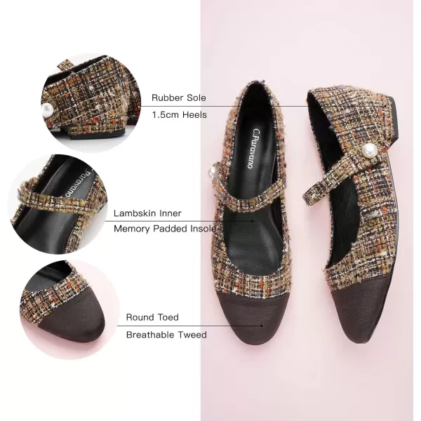 imageCParavano Womens Flats Shoes Round Toe Ballet Flats with Strap Comfortable Mary Janes Tweed Flats Dressy Casual Work Office Party Shoes for WomenBrown