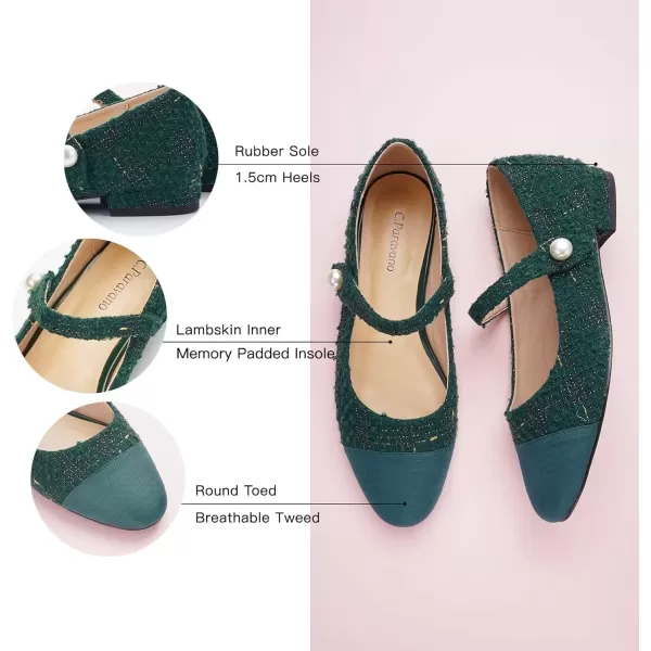 imageCParavano Womens Flats Shoes Round Toe Ballet Flats with Strap Comfortable Mary Janes Tweed Flats Dressy Casual Work Office Party Shoes for WomenGreen