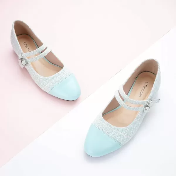 imageCParavano Womens Flats Shoes Round Toe Ballet Flats with Strap Comfortable Mary Janes Tweed Flats Dressy Casual Work Office Party Shoes for WomenLight Blueg