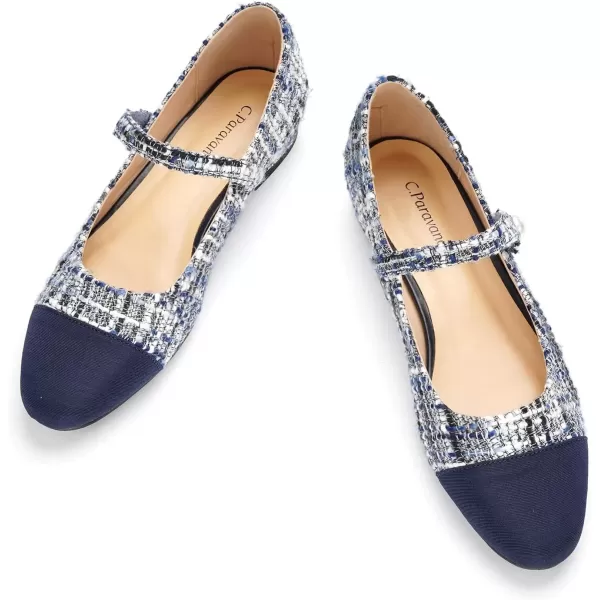 imageCParavano Womens Flats Shoes Round Toe Ballet Flats with Strap Comfortable Mary Janes Tweed Flats Dressy Casual Work Office Party Shoes for WomenNavy