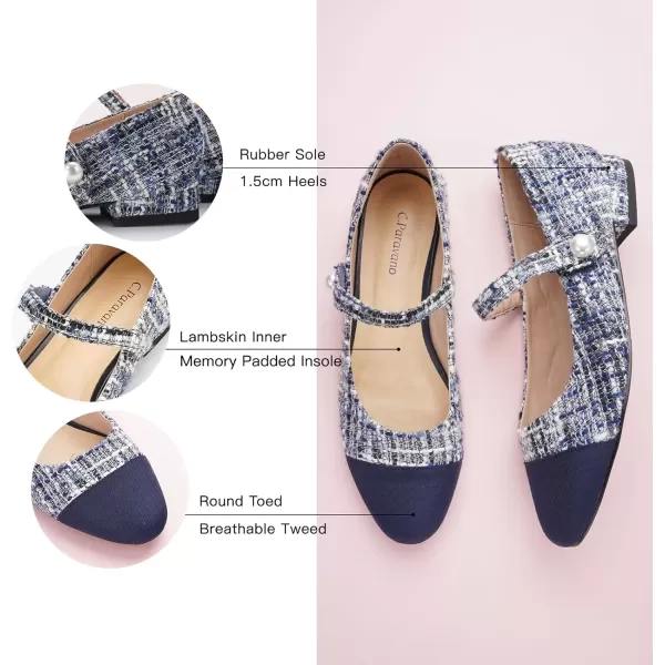 imageCParavano Womens Flats Shoes Round Toe Ballet Flats with Strap Comfortable Mary Janes Tweed Flats Dressy Casual Work Office Party Shoes for WomenNavy