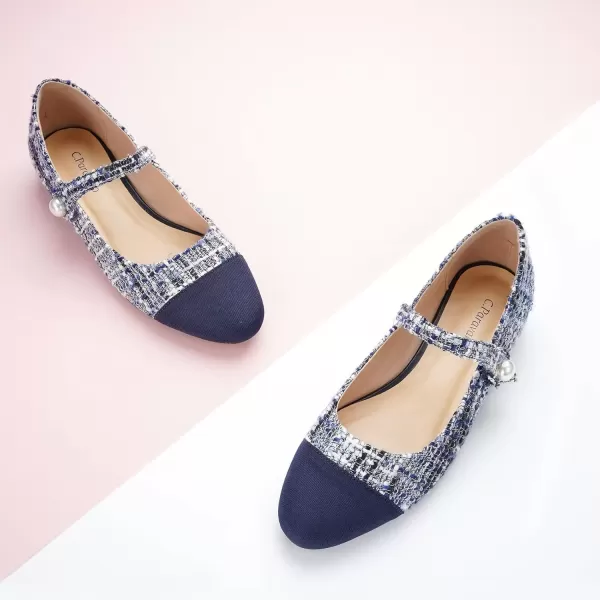 imageCParavano Womens Flats Shoes Round Toe Ballet Flats with Strap Comfortable Mary Janes Tweed Flats Dressy Casual Work Office Party Shoes for WomenNavy