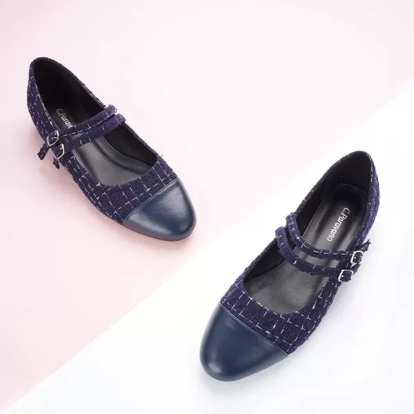 imageCParavano Womens Flats Shoes Round Toe Ballet Flats with Strap Comfortable Mary Janes Tweed Flats Dressy Casual Work Office Party Shoes for WomenNavyg