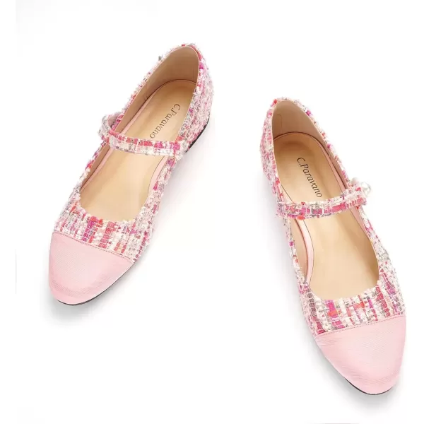 imageCParavano Womens Flats Shoes Round Toe Ballet Flats with Strap Comfortable Mary Janes Tweed Flats Dressy Casual Work Office Party Shoes for WomenPink