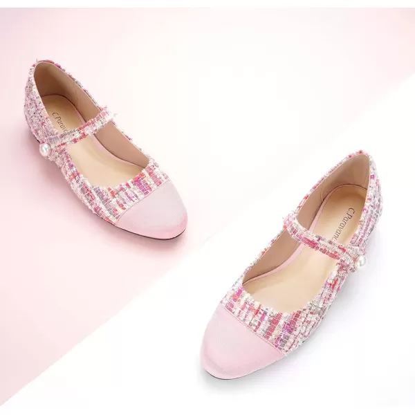 imageCParavano Womens Flats Shoes Round Toe Ballet Flats with Strap Comfortable Mary Janes Tweed Flats Dressy Casual Work Office Party Shoes for WomenPink