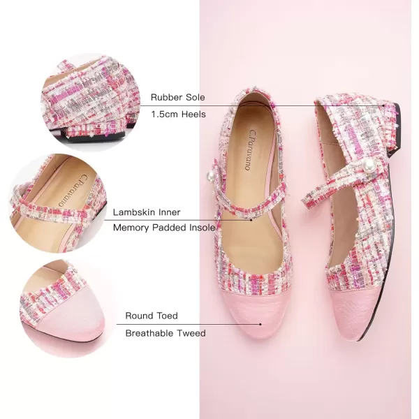 imageCParavano Womens Flats Shoes Round Toe Ballet Flats with Strap Comfortable Mary Janes Tweed Flats Dressy Casual Work Office Party Shoes for WomenPink