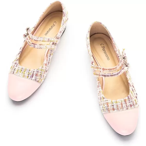 imageCParavano Womens Flats Shoes Round Toe Ballet Flats with Strap Comfortable Mary Janes Tweed Flats Dressy Casual Work Office Party Shoes for WomenPinkg