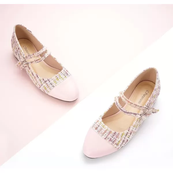imageCParavano Womens Flats Shoes Round Toe Ballet Flats with Strap Comfortable Mary Janes Tweed Flats Dressy Casual Work Office Party Shoes for WomenPinkg