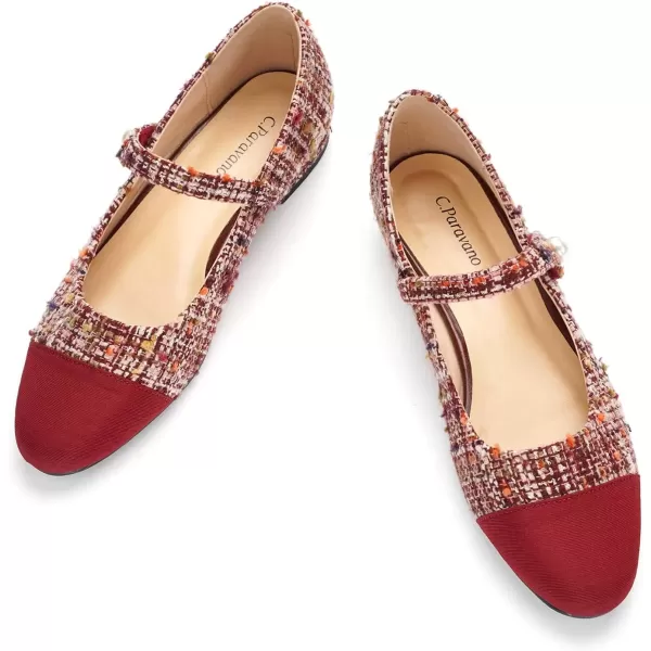 imageCParavano Womens Flats Shoes Round Toe Ballet Flats with Strap Comfortable Mary Janes Tweed Flats Dressy Casual Work Office Party Shoes for WomenRed