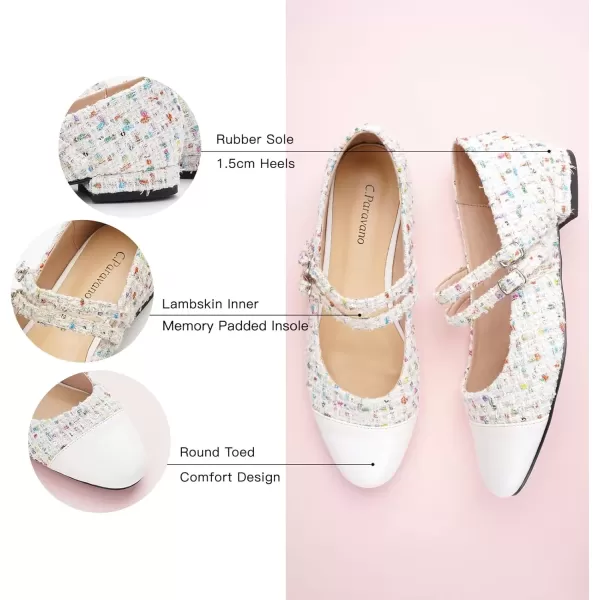 imageCParavano Womens Flats Shoes Round Toe Ballet Flats with Strap Comfortable Mary Janes Tweed Flats Dressy Casual Work Office Party Shoes for WomenWhiteg
