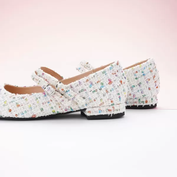 imageCParavano Womens Flats Shoes Round Toe Ballet Flats with Strap Comfortable Mary Janes Tweed Flats Dressy Casual Work Office Party Shoes for WomenWhiteg